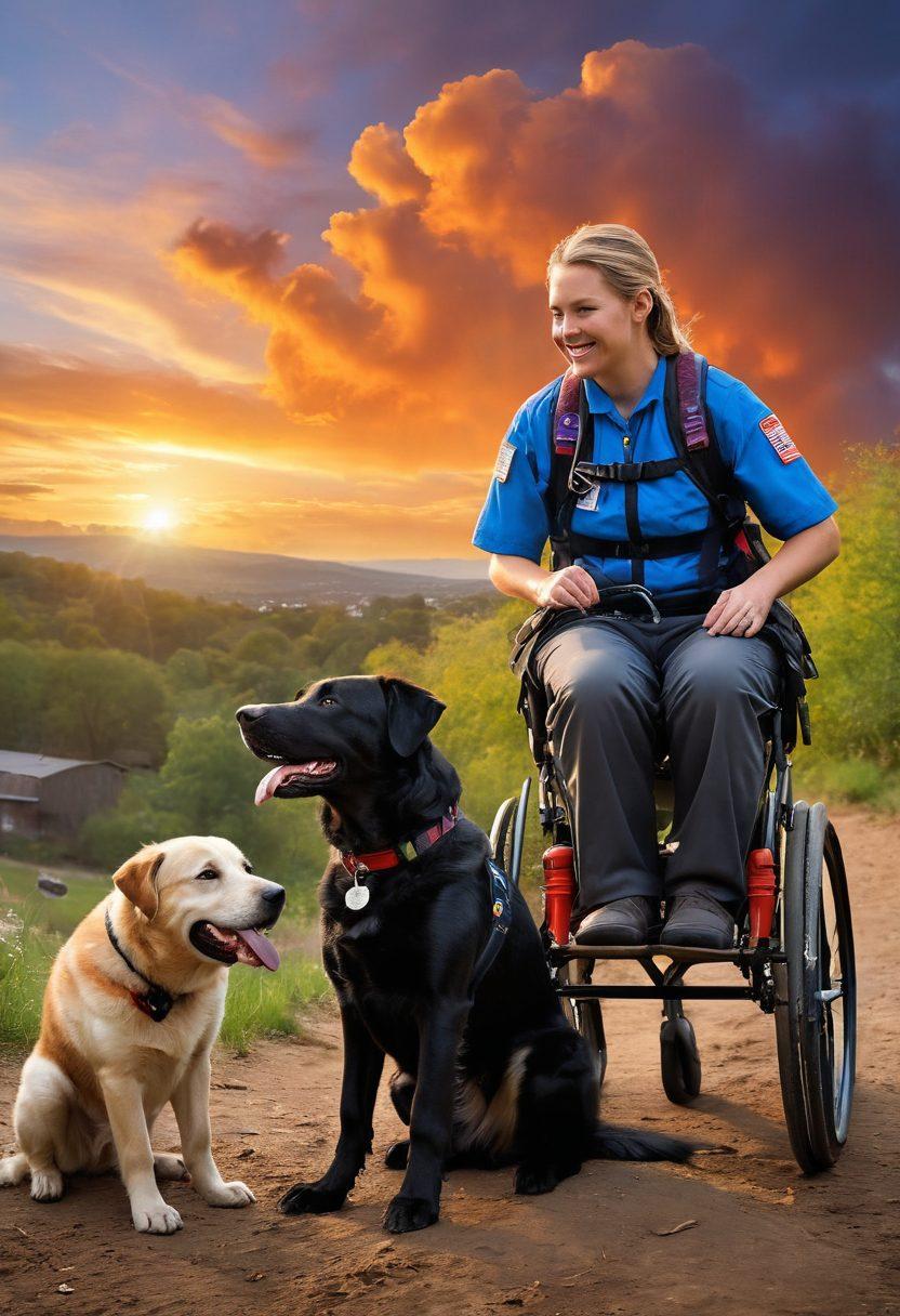 A dynamic scene showcasing various working dog breeds in action: a service dog assisting a person in a wheelchair, a search and rescue dog navigating through rugged terrain, and a therapy dog gently interacting with children. The background includes a vibrant sky with hints of city life and nature, symbolizing their diverse roles. Emphasize their unique traits and expressions that embody loyalty and intelligence. super-realistic. vibrant colors. outdoor setting.