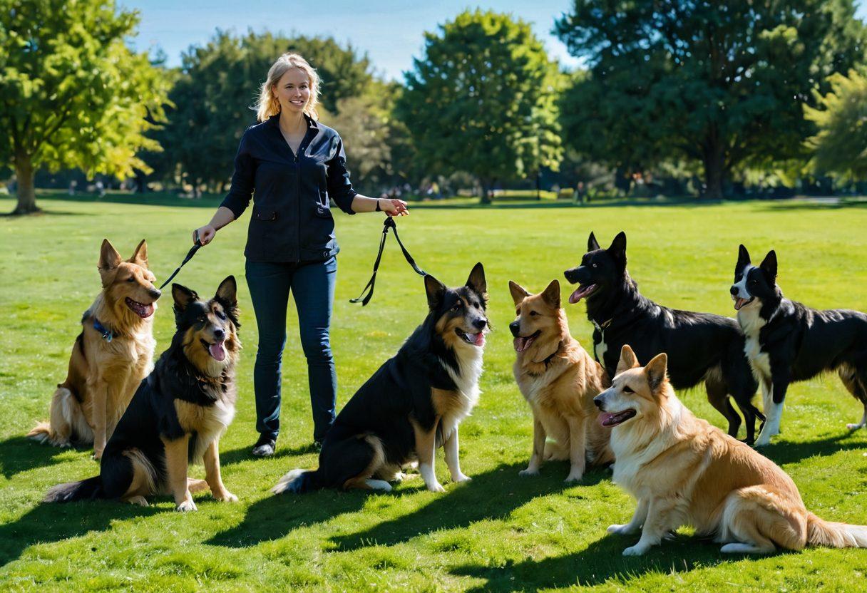 A professional dog trainer demonstrating various obedience commands with a diverse group of working canines like German Shepherds, Golden Retrievers, and Border Collies in a park setting. The background should include a clear blue sky, lush green grass, and training props like agility equipment. Capture the bond between the trainer and dogs, showcasing focused expressions and dynamic poses. super-realistic. vibrant colors. outdoor setting.