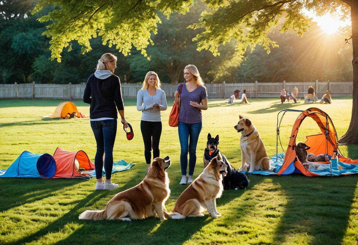 A serene park scene showcasing a diverse group of dog owners training their dogs, featuring various breeds like Golden Retrievers, Bulldogs, and German Shepherds. Include colorful training equipment scattered around, such as agility tunnels and cones, with a warm sunset casting golden light. In the background, a friendly trainer offers guidance while a happy family enjoys a picnic. super-realistic. vibrant colors. outdoors.